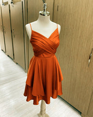 Homecoming Dresses Fashion Outfits, Short Burnt Orange Satin Cocktail Dresses V-neck Semi Formal Dress