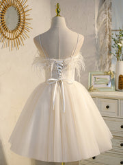 Bridesmaids Dresses Gold, Short Champagne Feathers Prom Dresses, Short Champagne Feathers Formal Homecoming Dresses