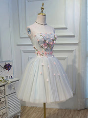 Party Dresses Formal, Short Floral Tulle Prom Dresses, Short Floral Tulle Formal Homecoming Dresses