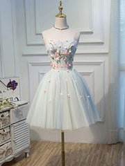 Party Dress On Sale, Short Floral Tulle Prom Dresses, Short Floral Tulle Formal Homecoming Dresses