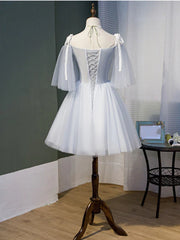 Bridesmaides Dresses Short, Short Gray Lace Prom Dresses, Short Gray Lace Formal Homecoming Dresses