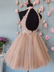 Cocktail Dress, Short Halter Neck Pink Lace Prom Dresses, Halter Neck Short Pink Lace Formal Homecoming Dresses