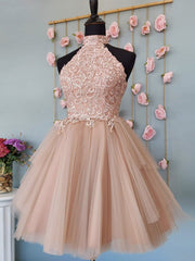 Green Prom Dress, Short Halter Neck Pink Lace Prom Dresses, Halter Neck Short Pink Lace Formal Homecoming Dresses