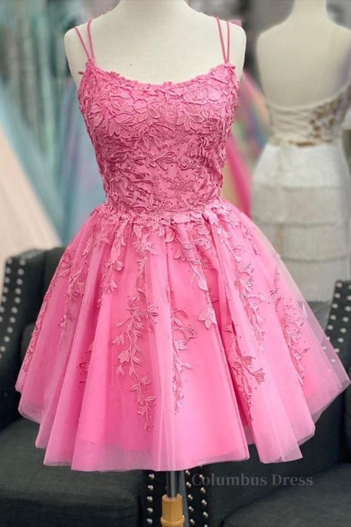 Evening Dress Long, Short Pink Backless Lace Prom Dresses, Short Pink Open Back Formal Homecoming Dresses