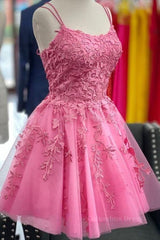 Evening Dress Boutique, Short Pink Backless Lace Prom Dresses, Short Pink Open Back Formal Homecoming Dresses