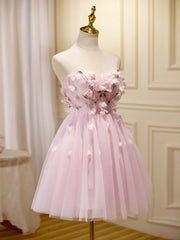 Party Dress A Line, Short Pink Floral Prom Dresses, Short Pink Floral Formal Homecoming Dresses