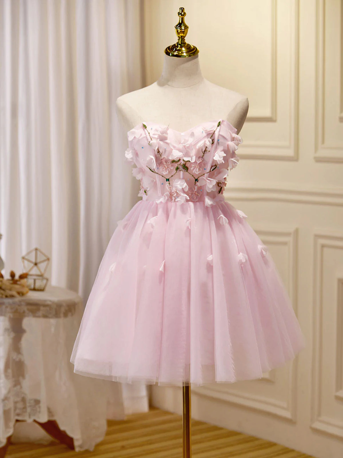 Party Dresses Ideas, Short Pink Floral Prom Dresses, Short Pink Floral Formal Homecoming Dresses