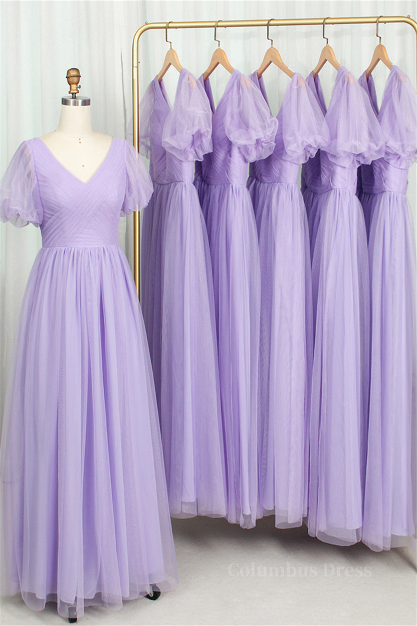 Party Dresses Halter Neck, Short Puffy Sleeves Lavender Tulle Long Formal Dress