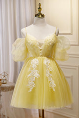 Prom Dress Types, Short Puffy Sleeves Yellow A-line Short Princess Dress