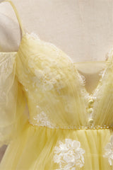 Prom Dress Type, Short Puffy Sleeves Yellow A-line Short Princess Dress