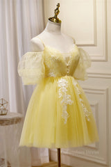 Prom Dress Aesthetic, Short Puffy Sleeves Yellow A-line Short Princess Dress