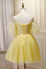 Prom Dresses Aesthetic, Short Puffy Sleeves Yellow A-line Short Princess Dress