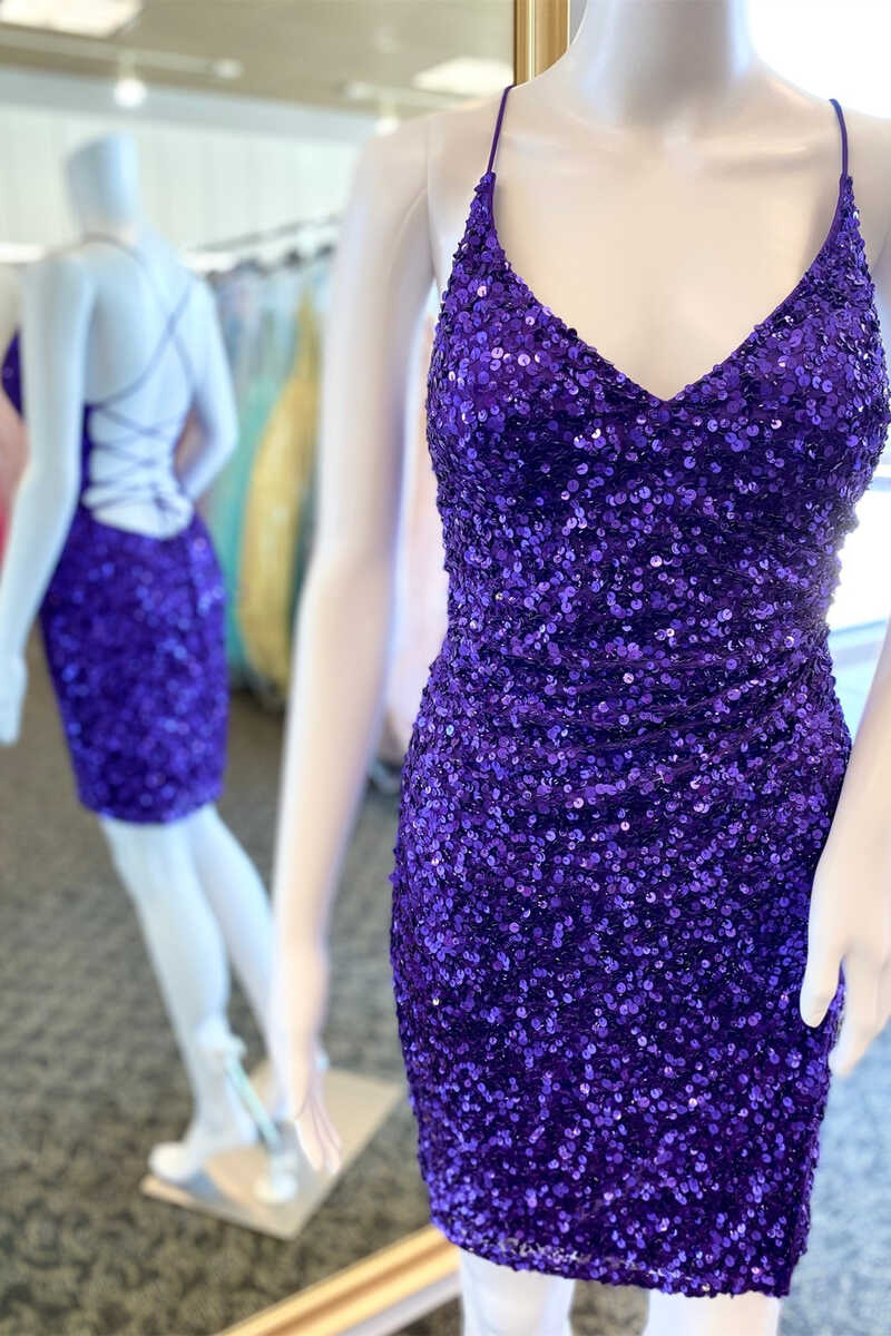 Homecoming Dress With Tulle, Short Purple Sequined V-Neck Party Dress Homecoming Dresses