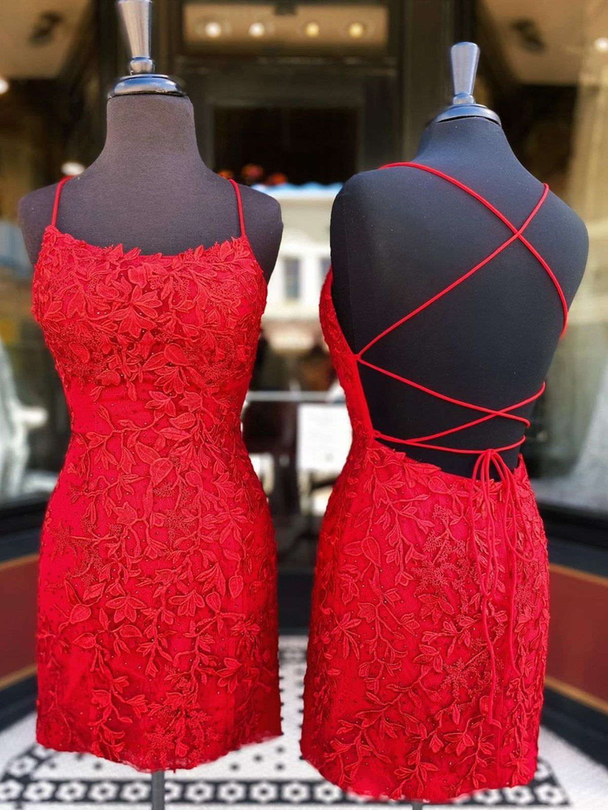 Formal Dresses On Sale, Short Red Backless Lace Prom Dresses, Short Backless Red Lace Graduation Homecoming Dresses