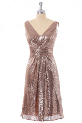 Dusty Blue Bridesmaid Dress, Short Rose Gold Sequin A-line Bridesmaid Dress