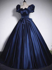 Bridesmaids Dress Affordable, Short Sleeves Dark Blue Long Prom Dresses, Dark Blue Short Sleeves Long Formal Evening Dresses
