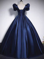 Bridesmaids Dresses Cheap, Short Sleeves Dark Blue Long Prom Dresses, Dark Blue Short Sleeves Long Formal Evening Dresses