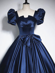 Bridesmaid Dress Cheap, Short Sleeves Dark Blue Long Prom Dresses, Dark Blue Short Sleeves Long Formal Evening Dresses