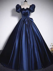 Bridesmaid Dress Affordable, Short Sleeves Dark Blue Long Prom Dresses, Dark Blue Short Sleeves Long Formal Evening Dresses
