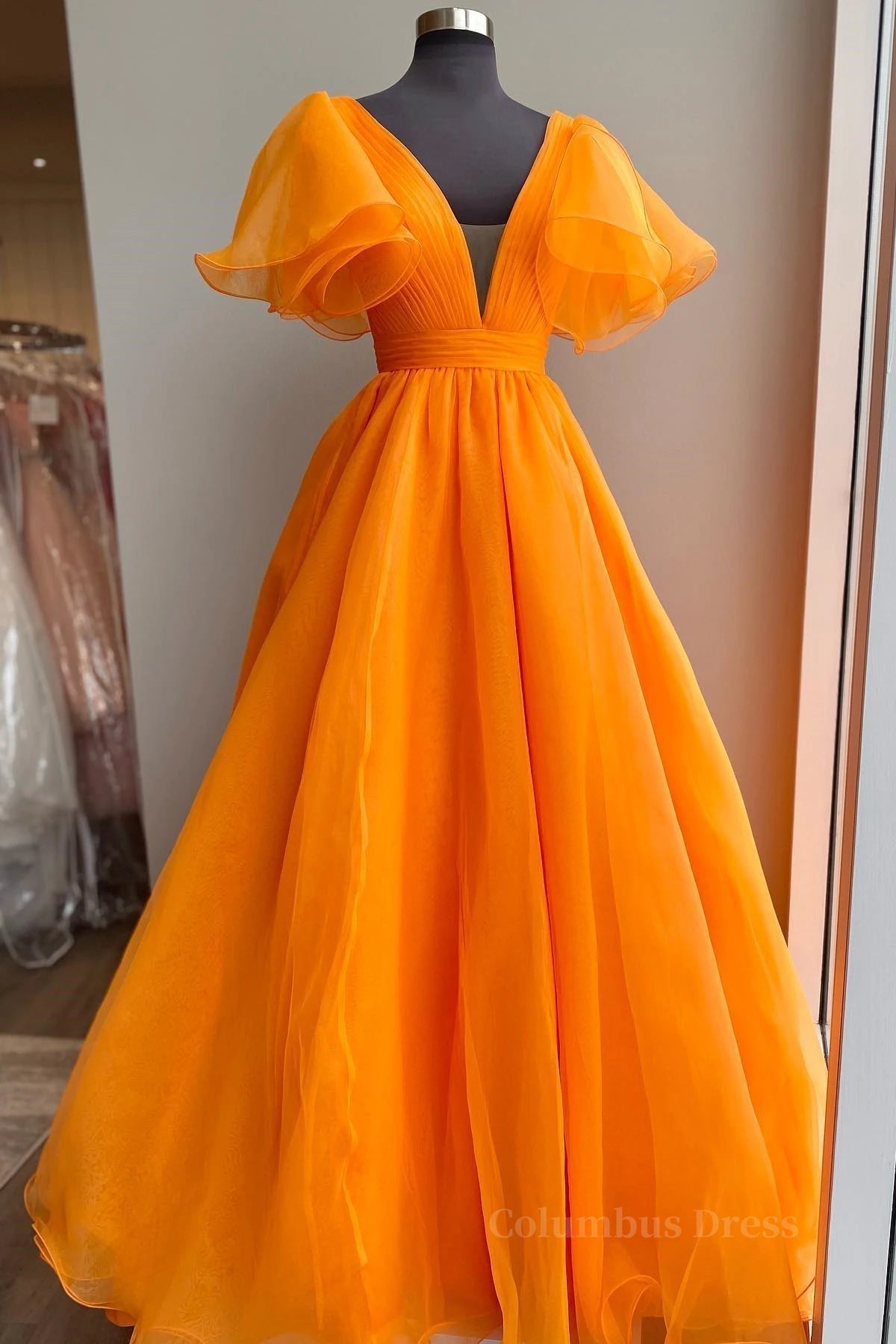 Formal Dresses Long Elegant Evening Gowns, Short Sleeves Orange Long Prom Dresses, Orange Long Formal Evening Dresses