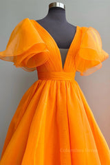 Formal Dresses Off The Shoulder, Short Sleeves Orange Long Prom Dresses, Orange Long Formal Evening Dresses
