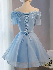 Formal Dresses Shops, Short Sleeves Short Blue Prom Dresses with Lace-up, Short Blue Homecoming Graduation Dresses