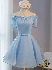 Formal Dress On Sale, Short Sleeves Short Blue Prom Dresses with Lace-up, Short Blue Homecoming Graduation Dresses