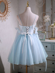 Bridesmaid Dress Tulle, Short V Neck Beaded Blue Prom Dresses, Short Blue V Neck Formal Homecoming Dresses