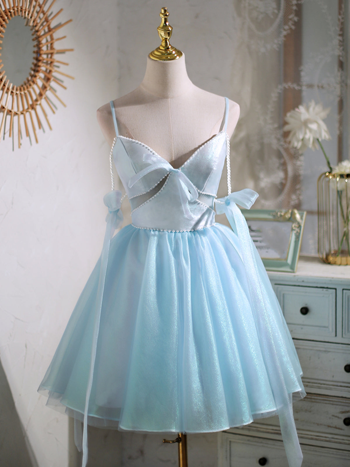 Bridesmaid Dress Gold, Short V Neck Beaded Blue Prom Dresses, Short Blue V Neck Formal Homecoming Dresses