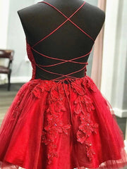 Formal Dressing Style, Short V Neck Red Lace Prom Dresses, V Neck Short Red Lace Graduation Homecoming Dresses