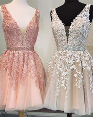 Prom Dresses For Warm Weather, Short V-neck Tulle Prom Homecoming Dresses Lace Embroidery