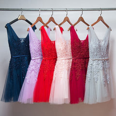 Formal Dresses For Ladies Over 58, Short V-neckline Tulle with Applique Short Formal Dress, Cute Party Dress