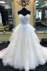 Wedding Dress Fit, Showprettydress Long A-Line Strapless Lace Tulle Wedding Dress