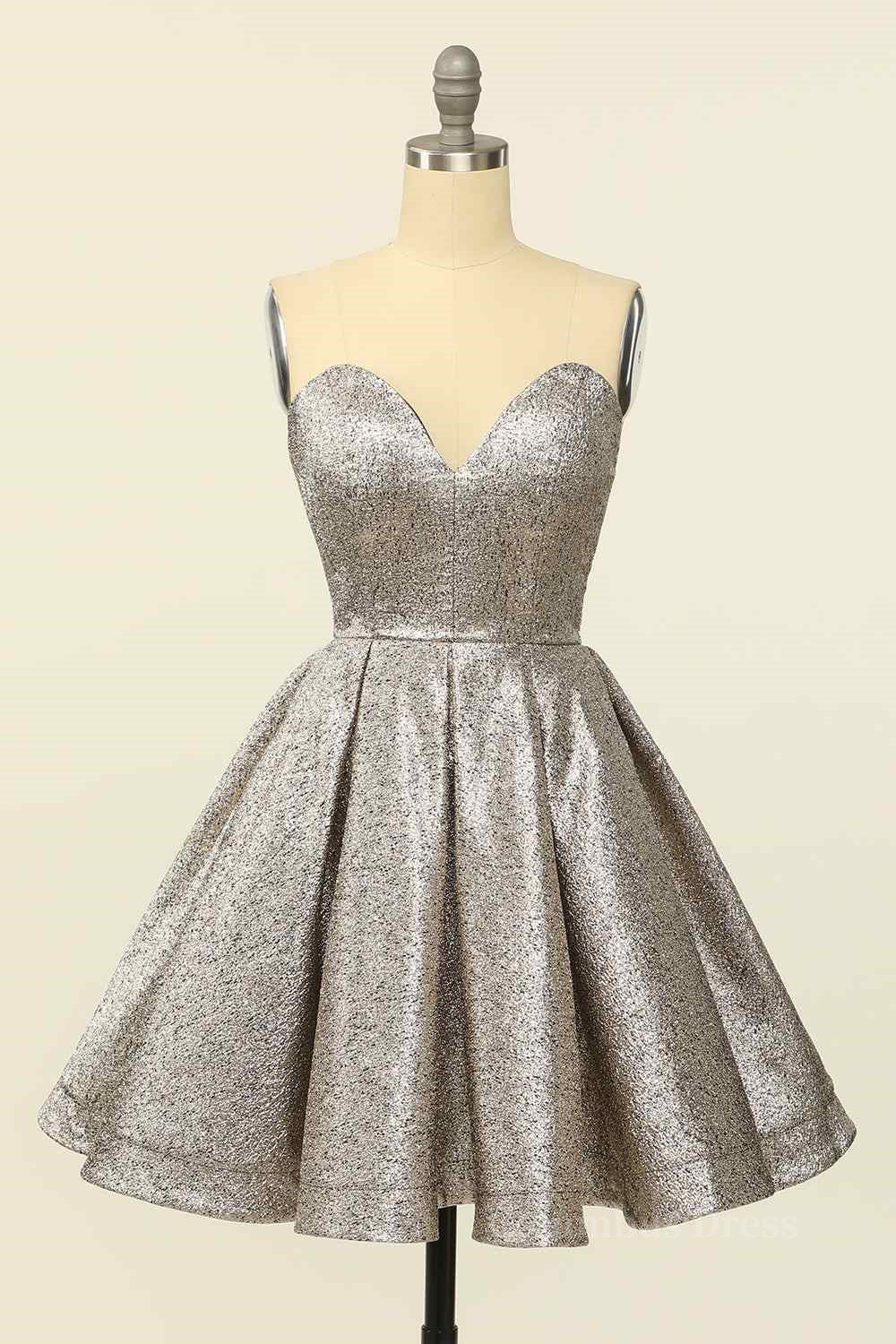 Party Dress Boots, Silver A-line Strapless Sweetheart Lace-Up Back Mini Homecoming Dress