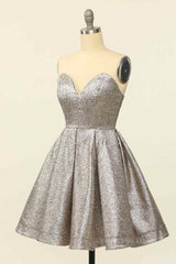 Party Dresses Black And Gold, Silver A-line Strapless Sweetheart Lace-Up Back Mini Homecoming Dress