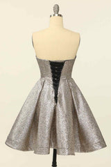 Party Dress Black And Gold, Silver A-line Strapless Sweetheart Lace-Up Back Mini Homecoming Dress