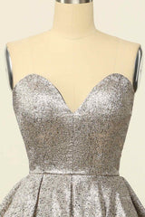 Prom Dress Inspiration, Silver A-line Strapless Sweetheart Lace-Up Back Mini Homecoming Dress