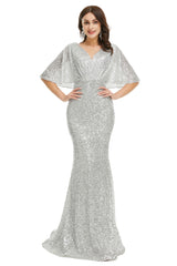 Prom Dresses Nearby, Sequins Mermaid Cape Sleeves V Neck Prom Dresses