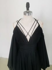 Party Dress Long Sleeve, Simple A line  Black Long Prom Dress, Black Evening Graduation Dresses