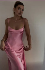 Enkel en linjestropper ærmeløs fest kjole silke satin lyserød prom kjole