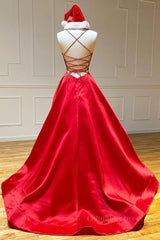 Homecoming Dress Ideas, Simple A Line V Neck Backless Red Long Prom Dress, Backless Red Fromal Dress, Red Evening Dress