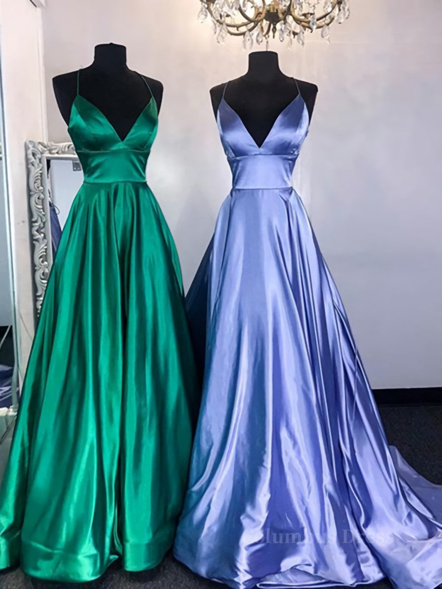 Bridal Bouquet, Simple A Line V Neck Emerald Green Blue Long Prom Dresses, Simple Satin Long Formal Evening Dresses