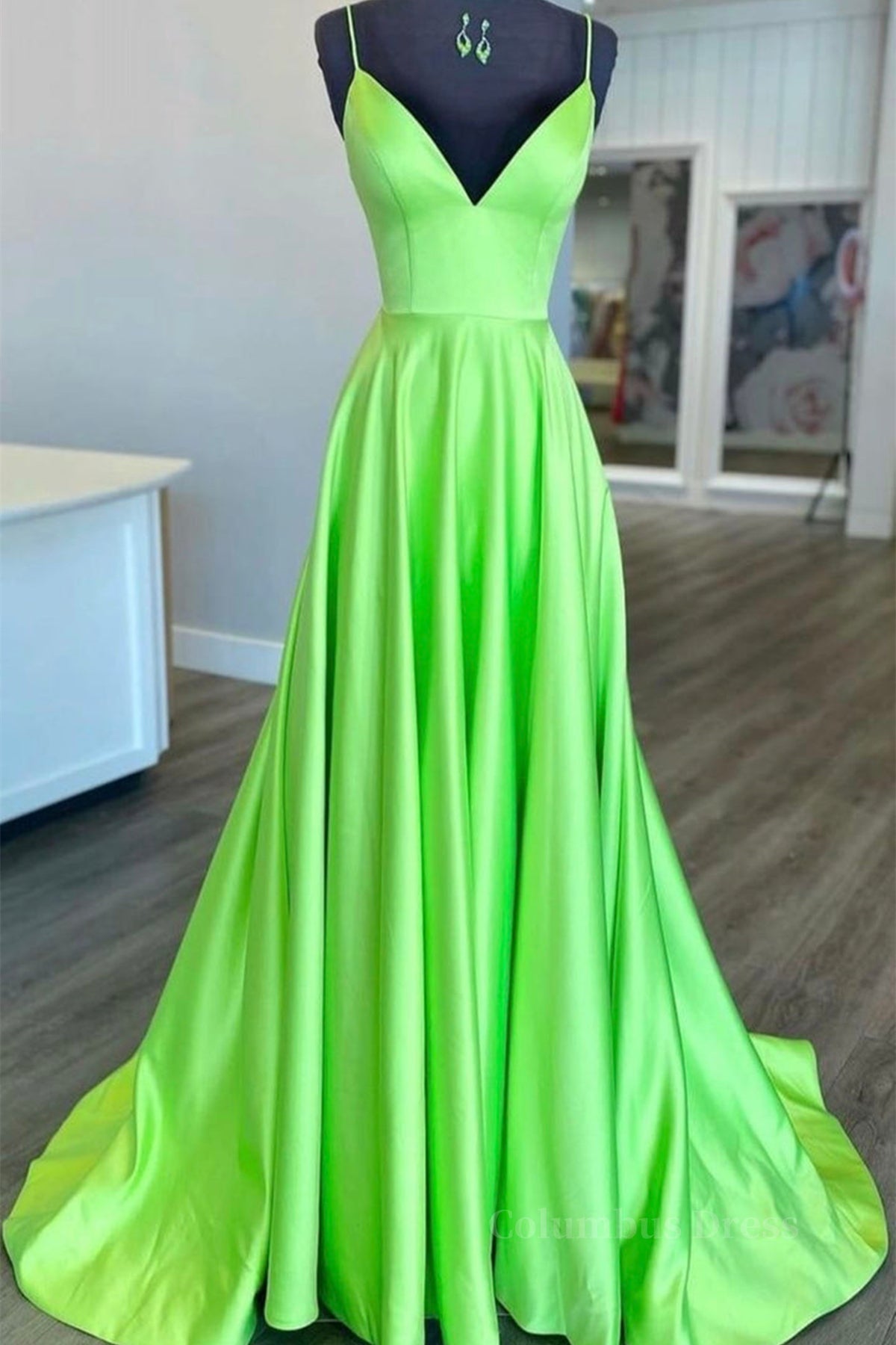Bridesmaids Dresses Online, Simple A Line V Neck Green Satin Long Prom Dress, V Neck Green Formal Graduation Evening Dress