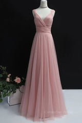 Evening Dresses Midi, Simple A Line V Neck Pink Tulle Long Prom Dress Bridesmaid Dress, V Neck Pink Formal Dress, Pink Evening Dress