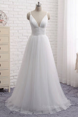 Wedding Dress A Line, Simple A Line V Neck White Wedding Dresses, V Neck White Tulle Prom Formal Dresses