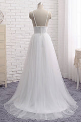 Wedding Dresses 2022, Simple A Line V Neck White Wedding Dresses, V Neck White Tulle Prom Formal Dresses
