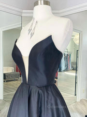 Homecoming Dress Simple, Simple black satin long prom dress, black evening dress