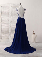Bridesmaid Dress Ideas, Simple Blue Chiffon Long Prom Dress Backless Blue Evening Dress