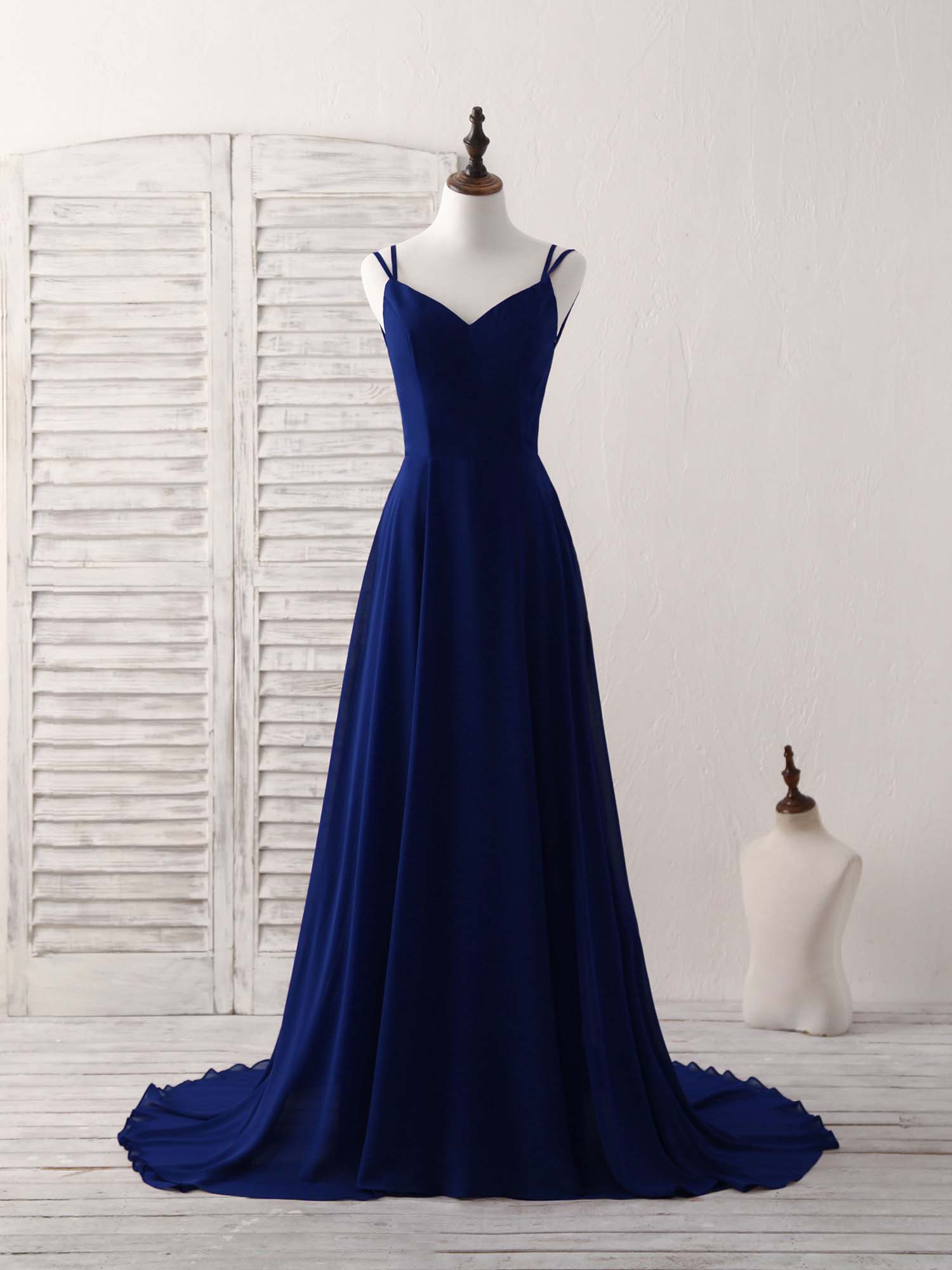 Bridesmaid Dresses Wedding, Simple Blue Chiffon Long Prom Dress Backless Blue Evening Dress
