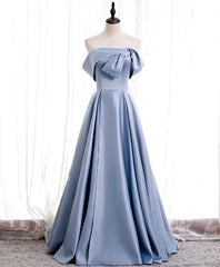 Blue Gown, Simple Blue Off Shoulder Satin Long Prom Dress Blue Bridesmaid Dress